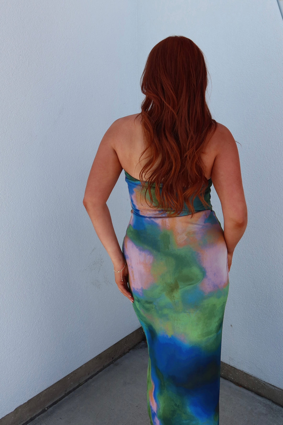 Aurora Watercolor Print Strapless Tube Midi Dress
