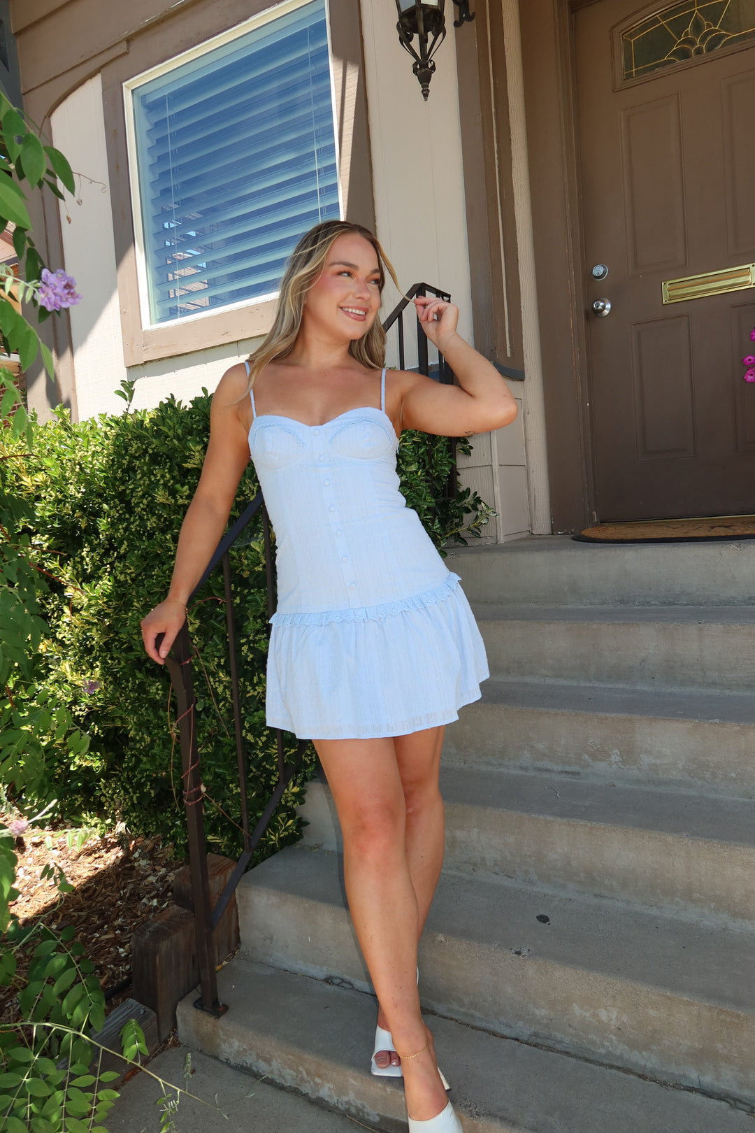 The Blue Eyelet Drop Waist Mini Dress