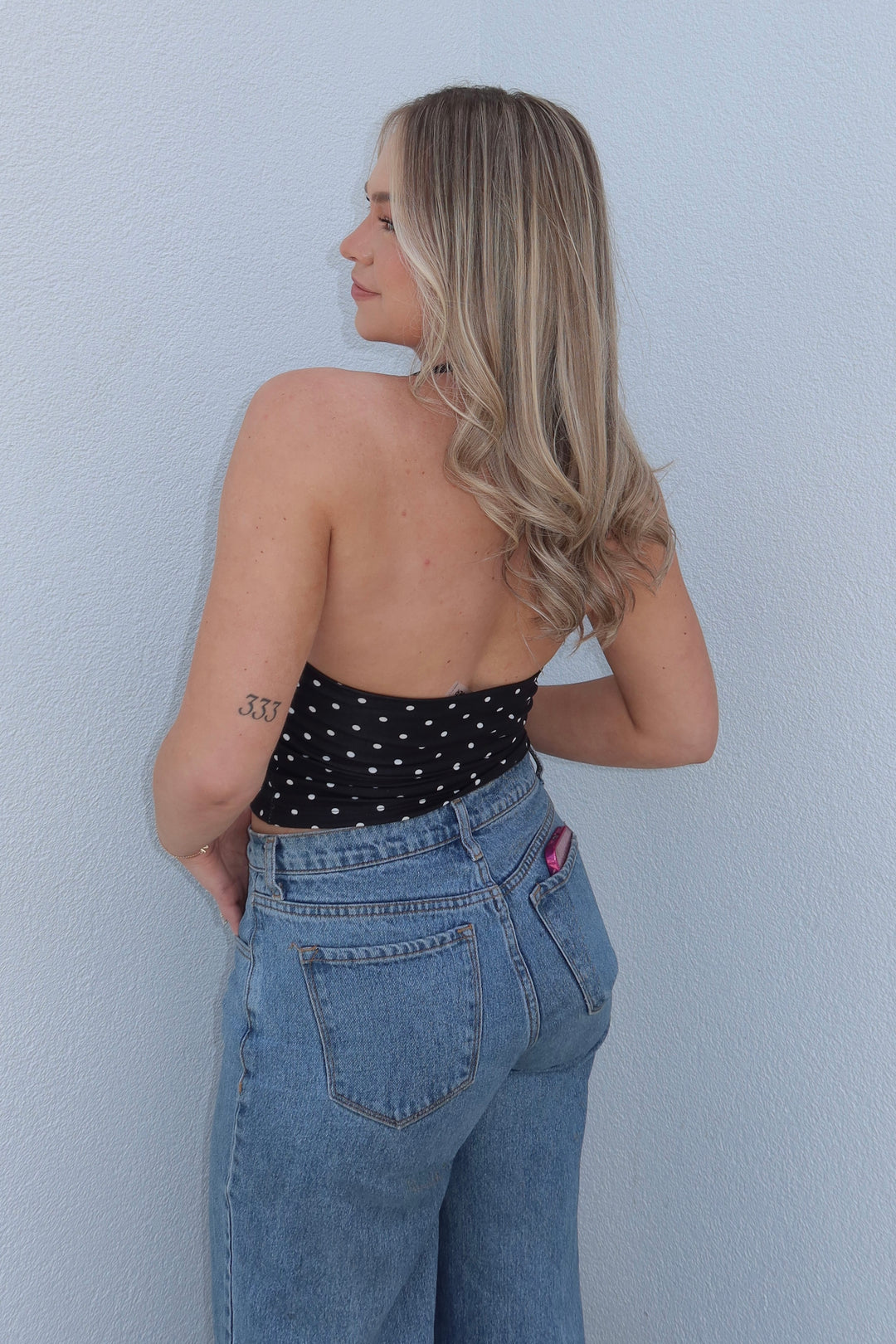 Polka Dot Deep-V Halter Crop Top