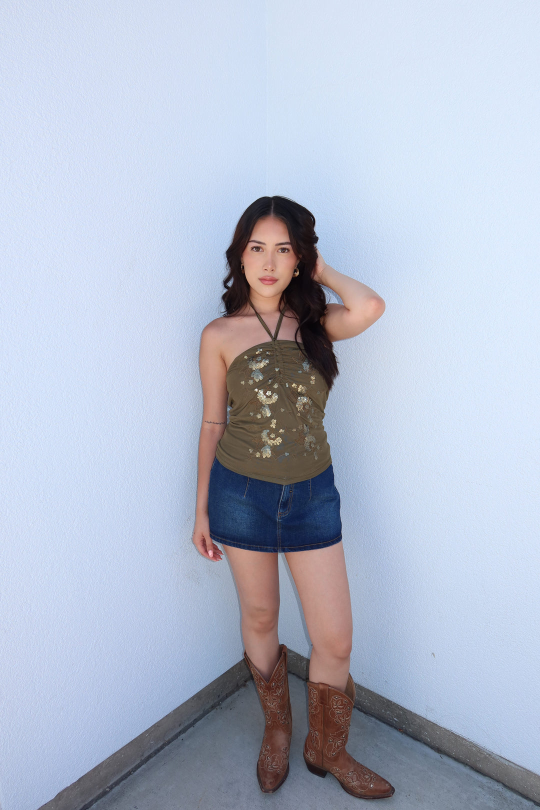 The Kezia Sequin Mesh Halter Top