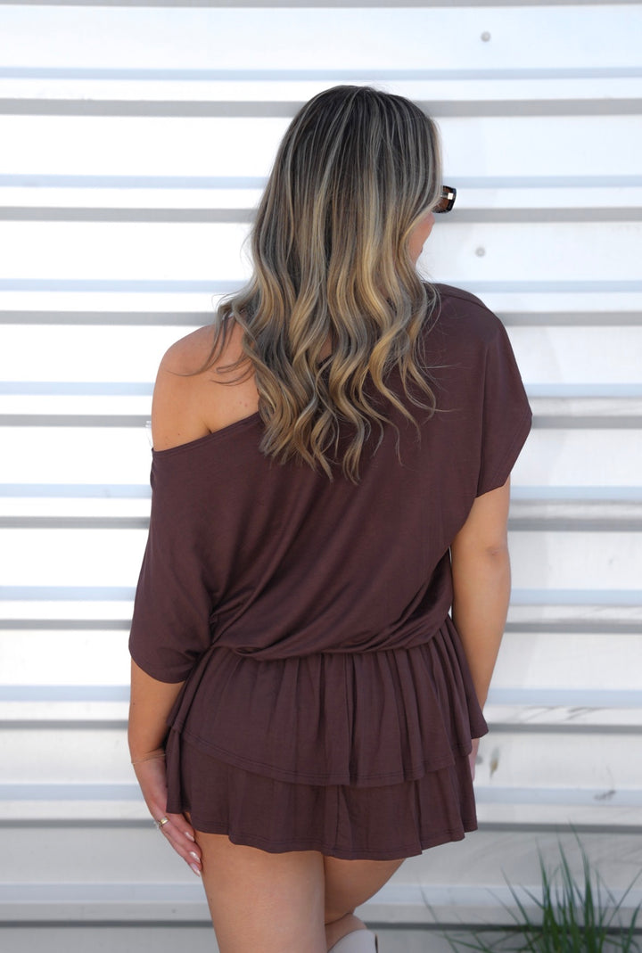 Chocolate Brown Boat Neck Gold Eyelet Tiered Mini Dress