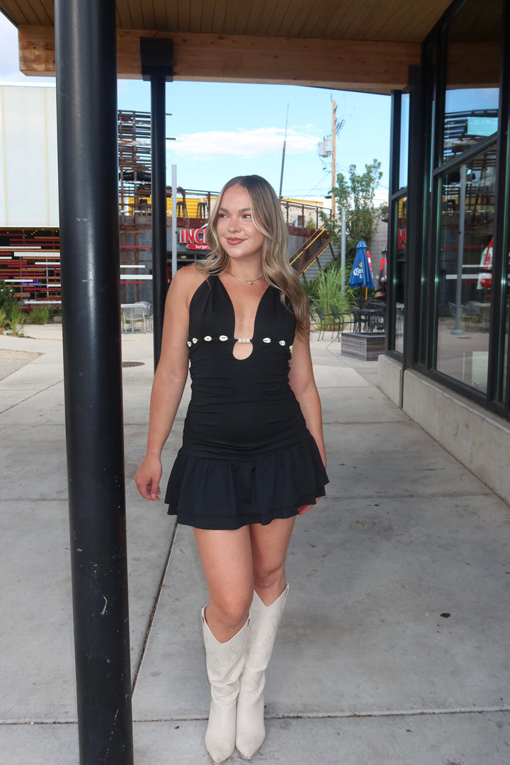 The Shell Halter Ruffle Mini Dress