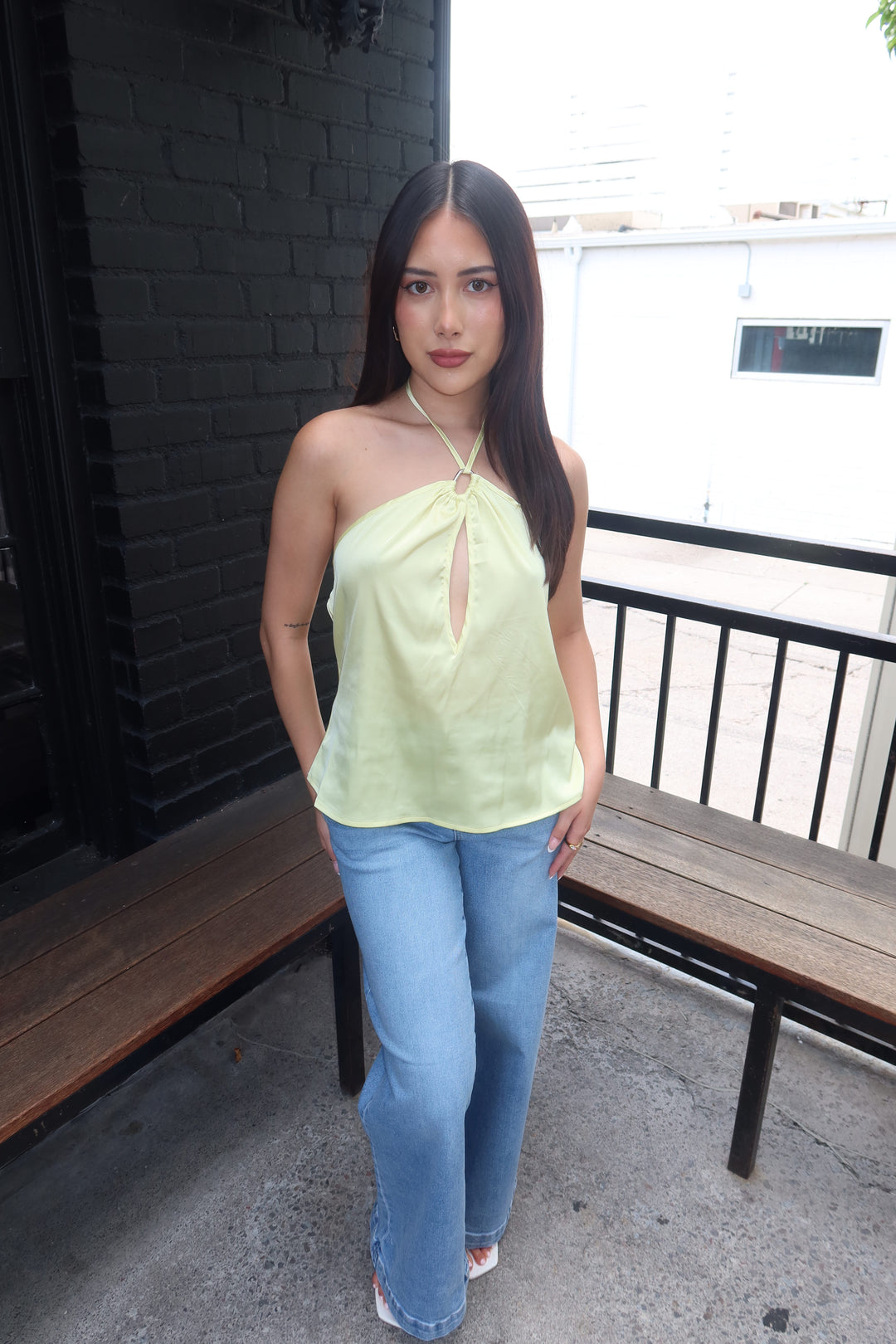 The Zenaye Cut Out Satin Halter Top — Lemon