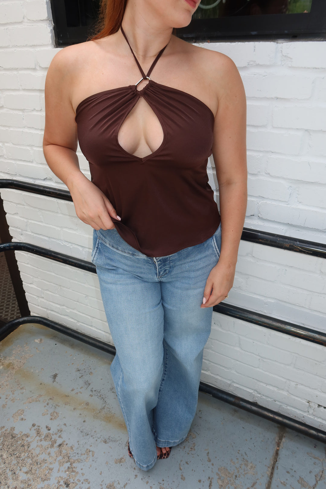 The Zenaye Cut Out Satin Halter Top — Brown