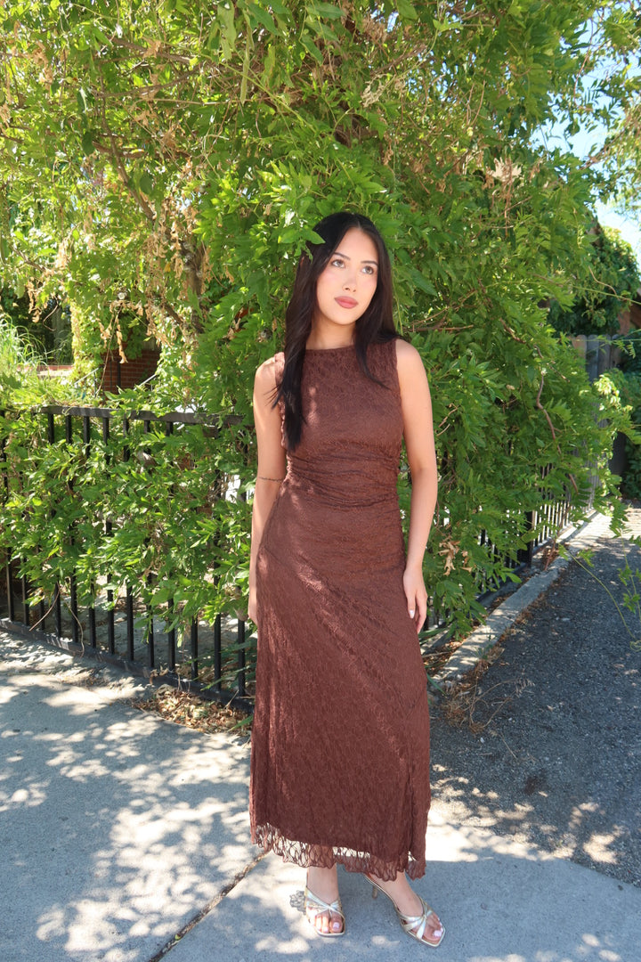 The Lucille Lace Midi Dress — Dark Brown