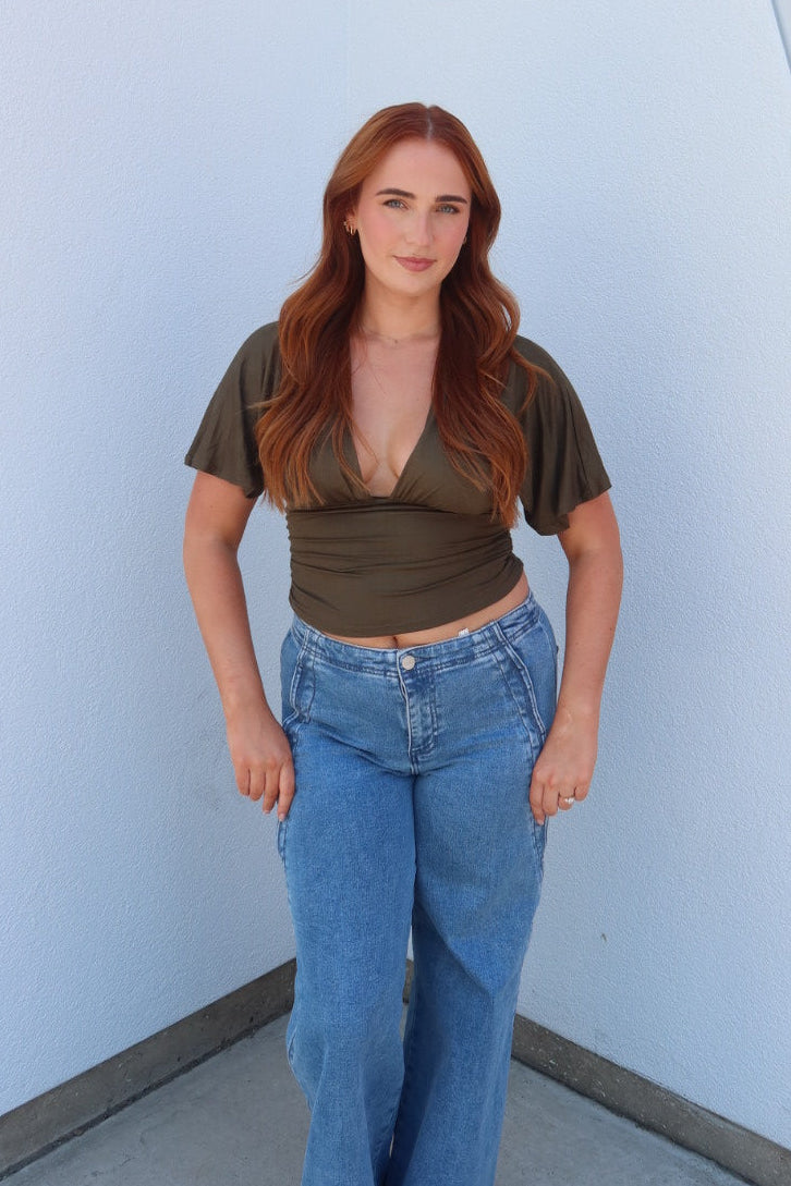 Simone Short Sleeve V-Neck Top - Olive