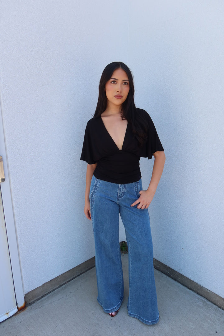 Simone Short Sleeve V-Neck Top - Black