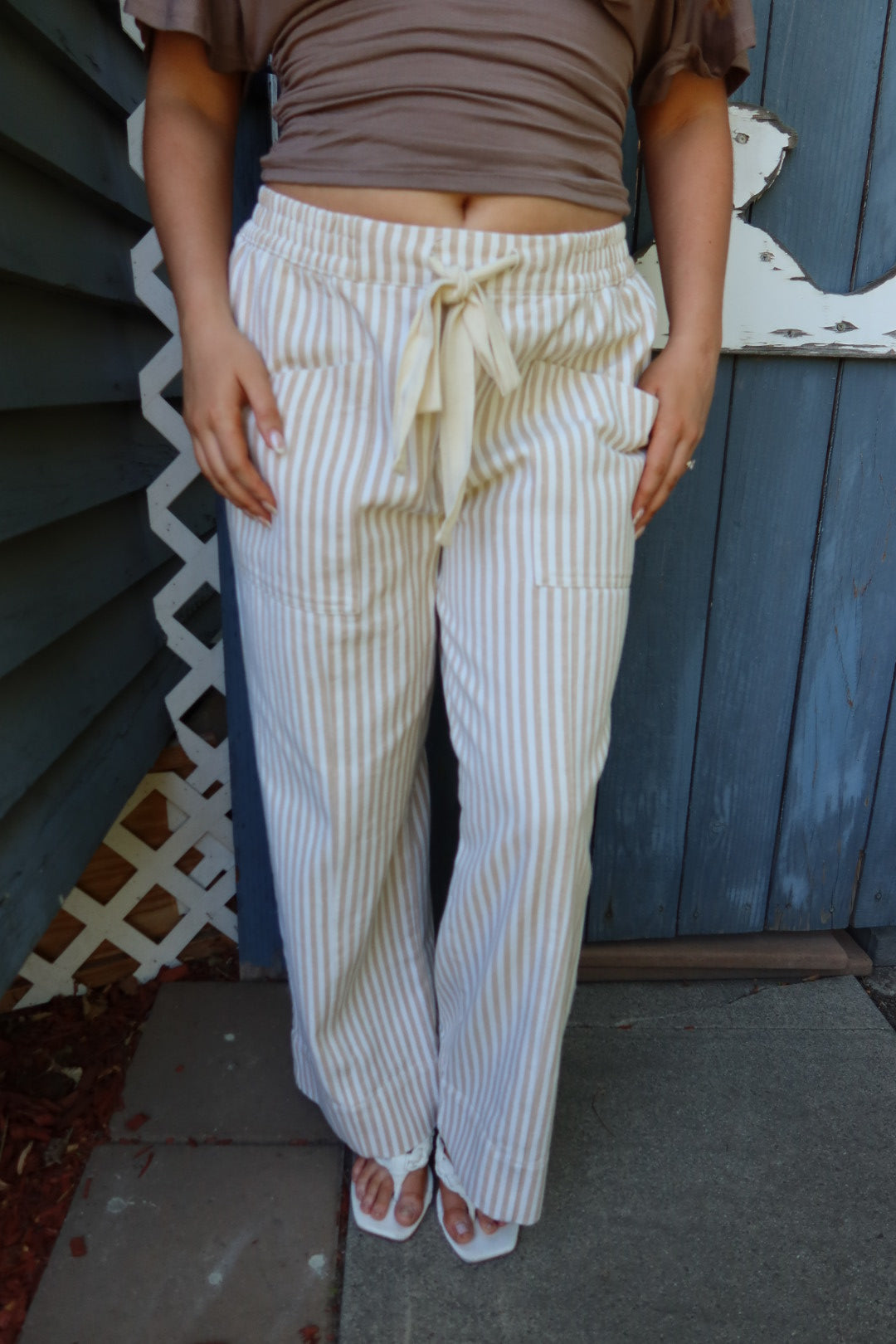 Kozetta Striped Drawstring Pants — Taupe