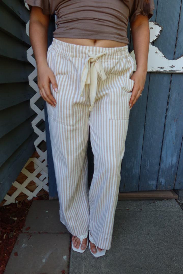Kozetta Striped Drawstring Pants — Taupe