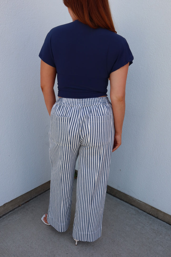 Kozetta Striped Drawstring Pants — Navy