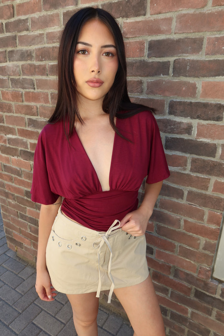 Simone Short Sleeve V-Neck Top — Burgundy