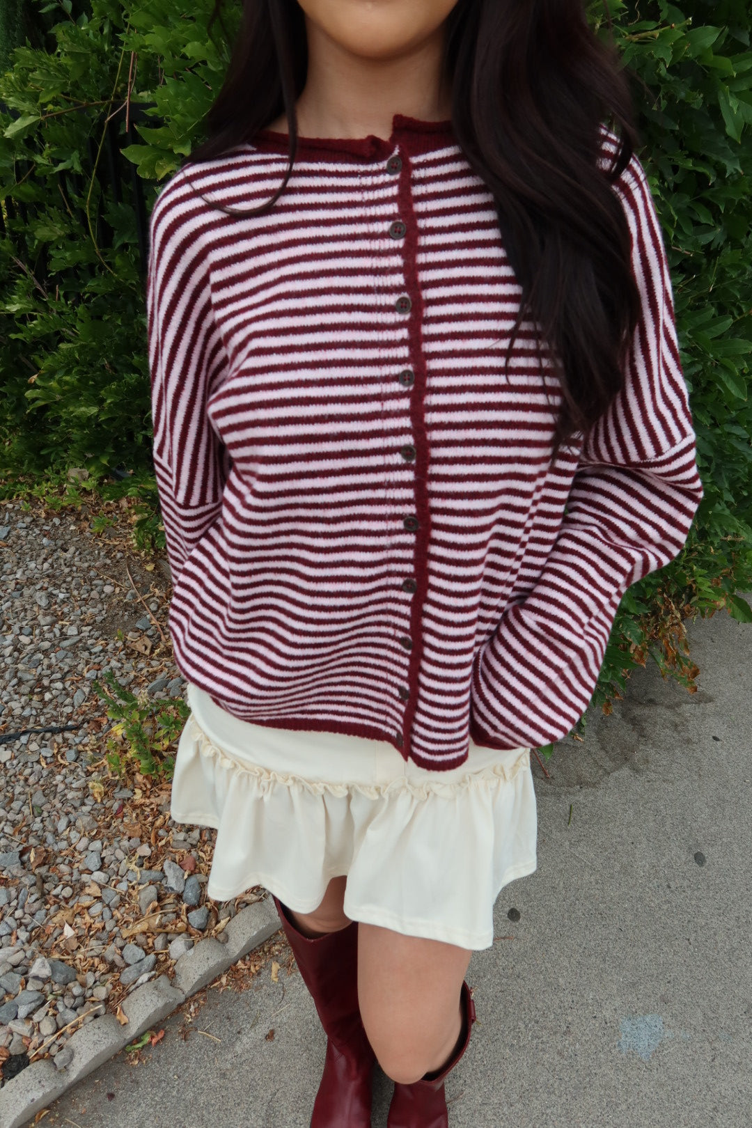 Kiera Striped Long Sleeve Cardigan — Burgundy