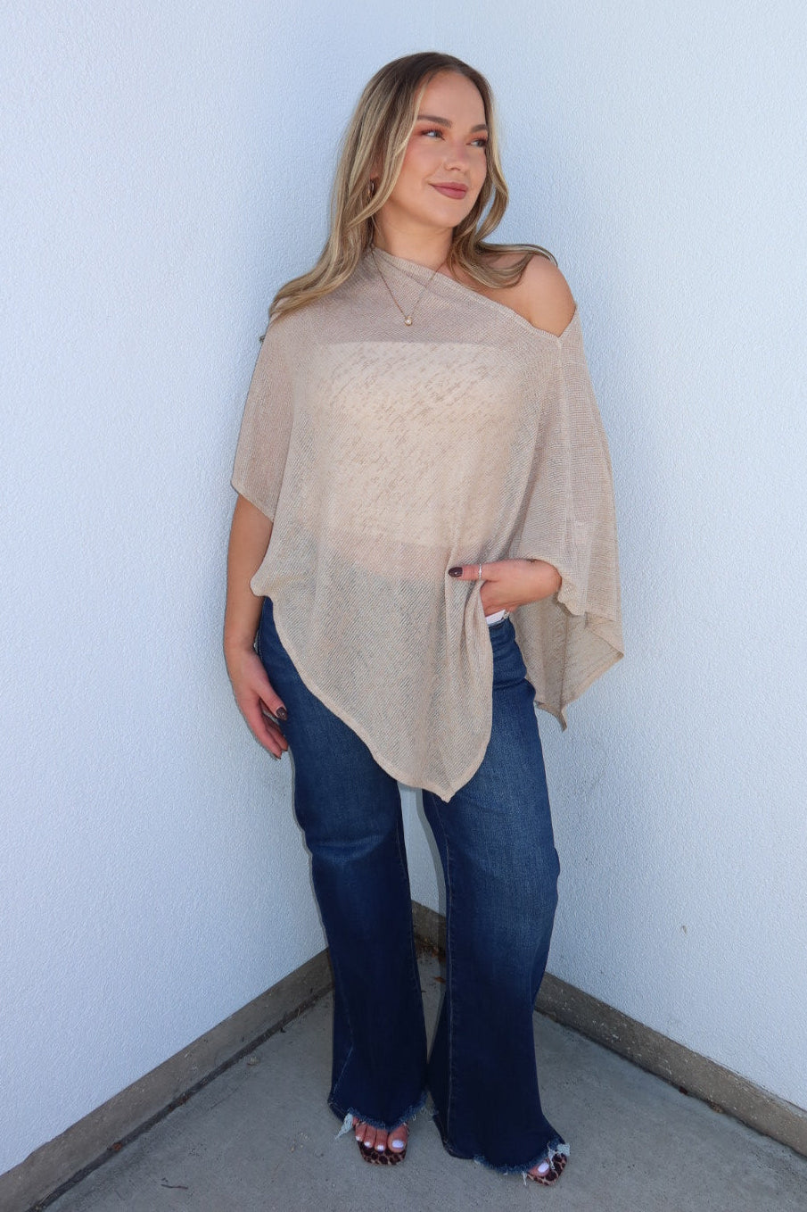 Portofino Sheer Knit Poncho Top - Taupe