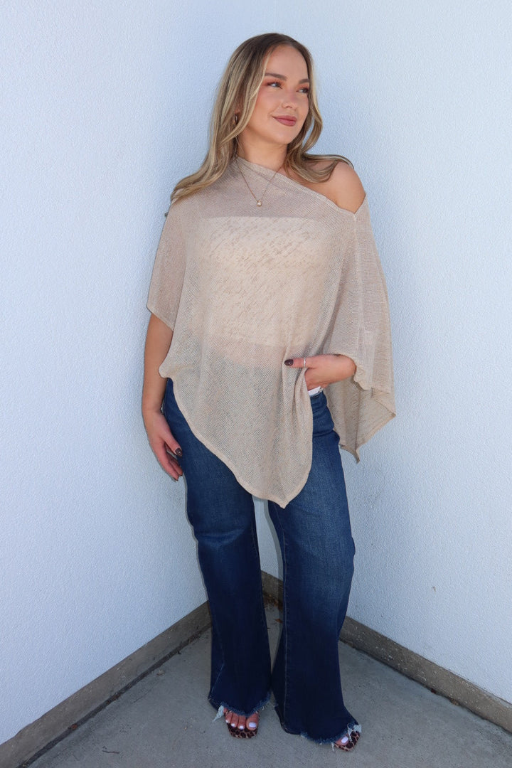 Portofino Sheer Knit Poncho Top - Taupe
