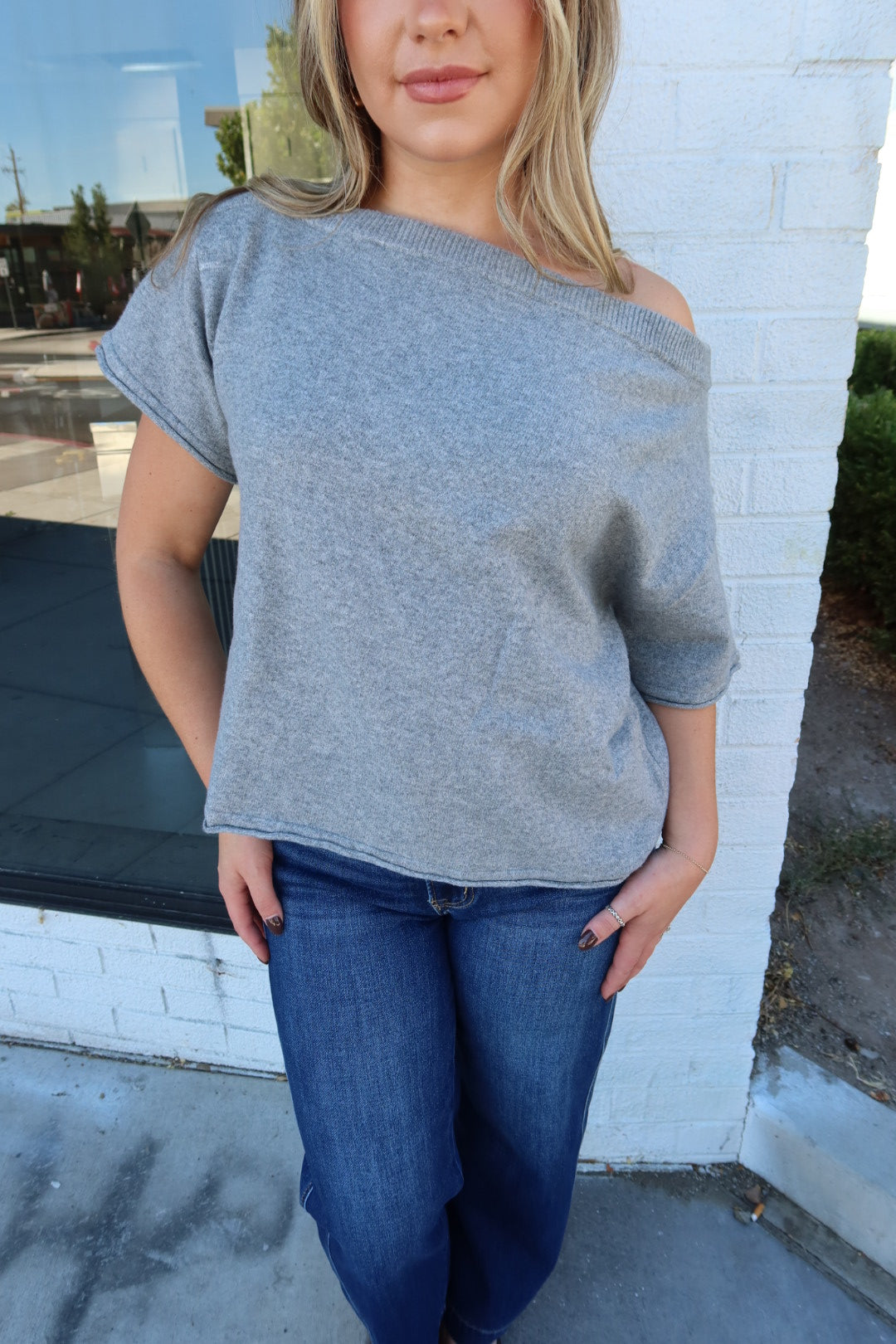 Dunes Asymmetrical Boxy Short Sleeve Top - Gray