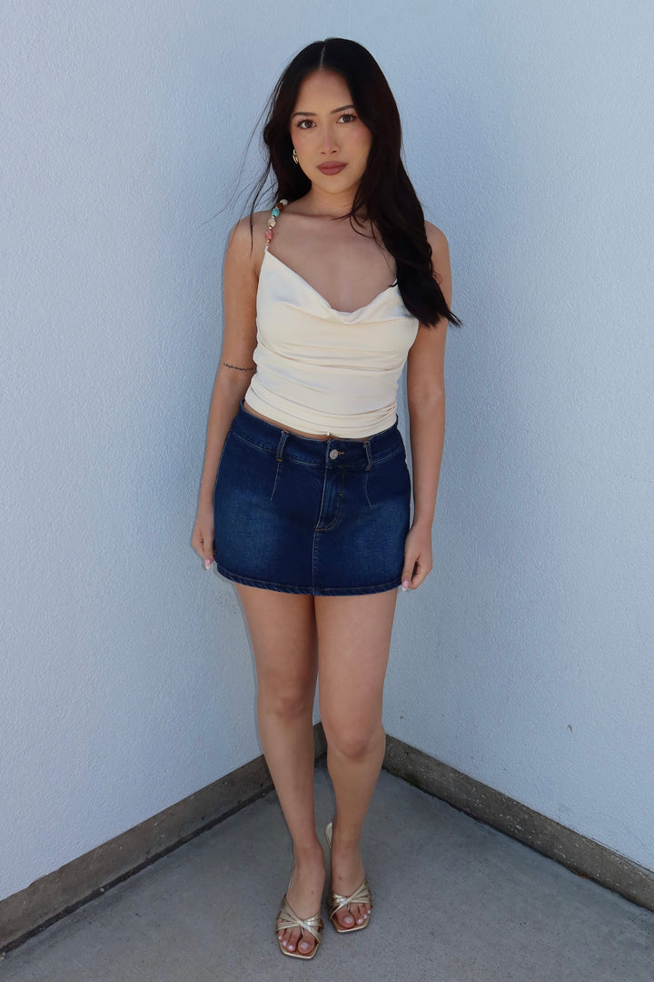 Gem Beaded Strap Cowl Neck Top