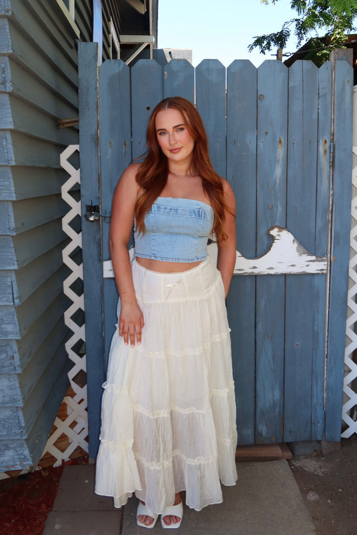 The Marina Denim Strapless Corset Top