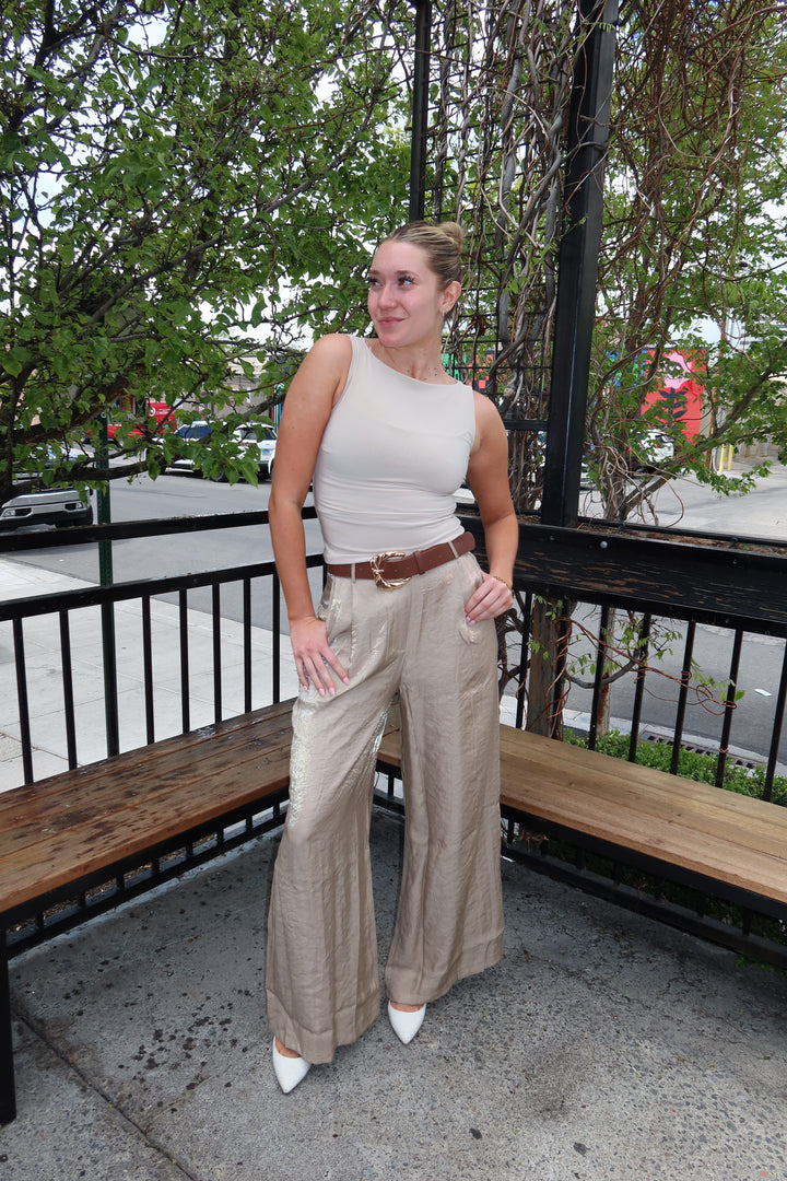 Taupe Satin Pleated Wide-Leg Pants with Belt