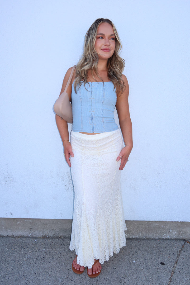 The Ivory Lace Godet Midi Skirt