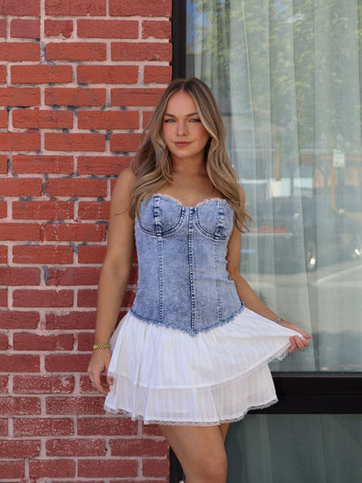 DELILAH DENIM BUSTIER MINI DRESS
