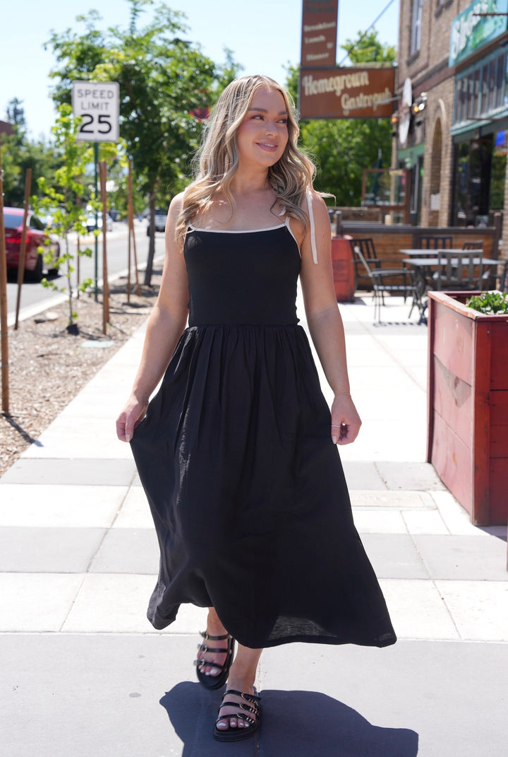 Contrast Tie Strap Knit Bodice Midi Dress