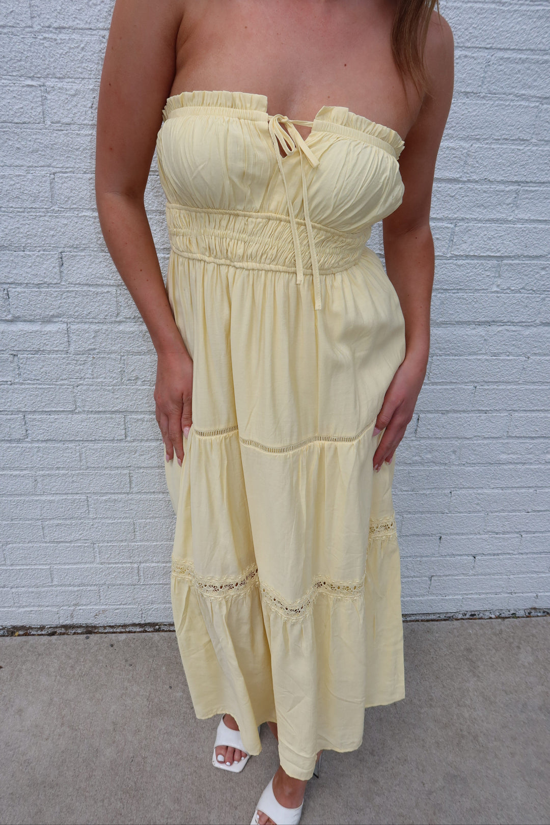 fitted lace wedding dress Butter Yellow Strapless Keyhole Tie Tiered Midi Dress