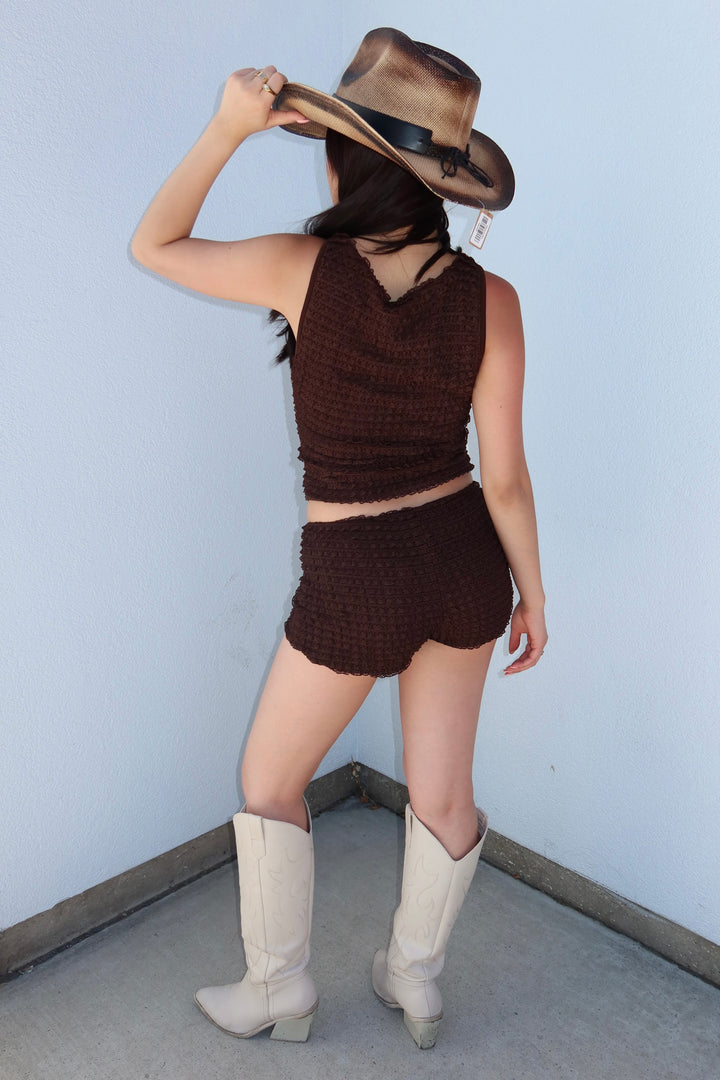 Lula Chocolate Brown Tiered Ruffle Lace Mock Neck Tank Top
