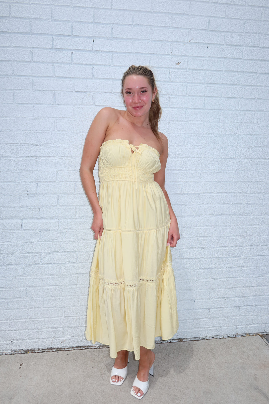 Butter Yellow Strapless Keyhole Tie Tiered Midi Dress