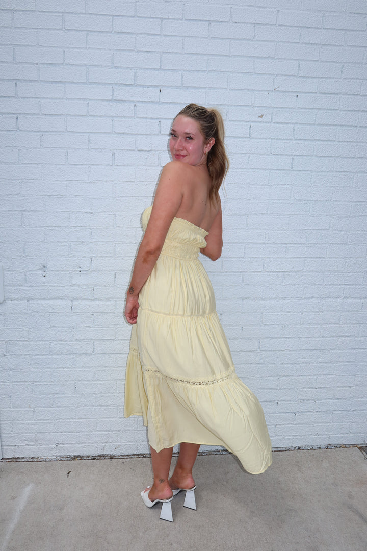 Butter Yellow Strapless Keyhole Tie Tiered Midi Dress