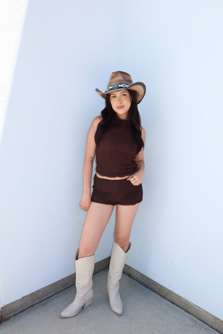 Lula Chocolate Brown Tiered Ruffle Lace Mock Neck Tank Top