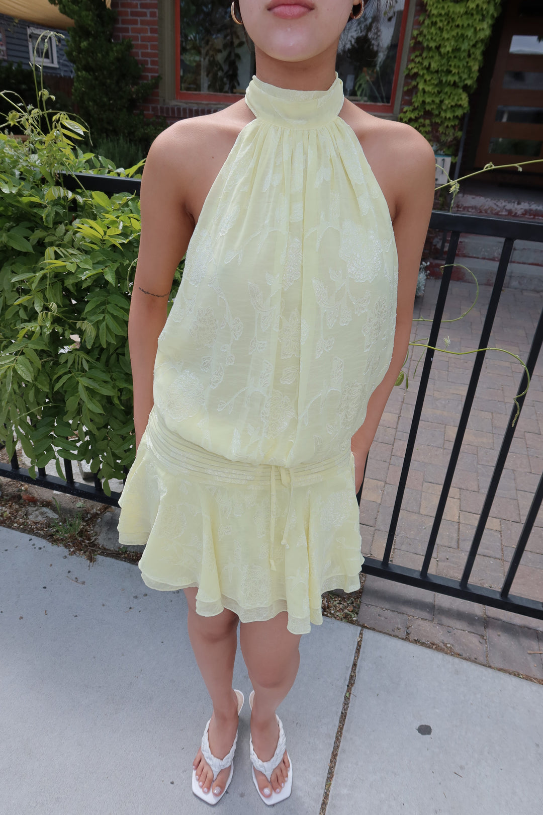 Lemon Floral Embossed Halter Open Back Mini Dress