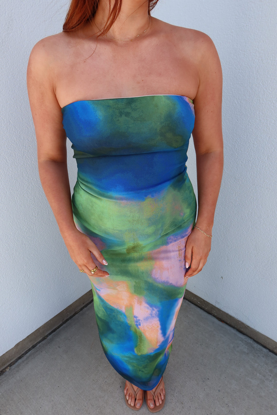 Aurora Watercolor Print Strapless Tube Midi Dress