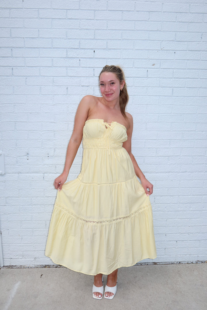 Butter Yellow Strapless Keyhole Tie Tiered Midi Dress