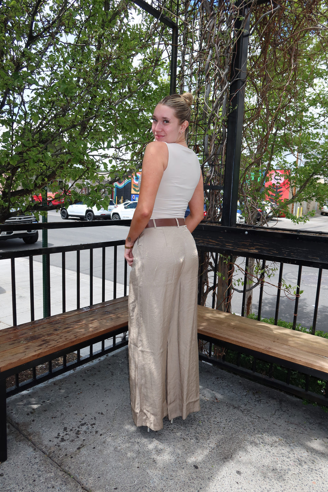 Taupe Satin Pleated Wide-Leg Pants with Belt