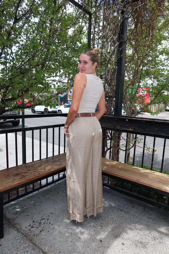 Taupe Satin Pleated Wide-Leg Pants with Belt
