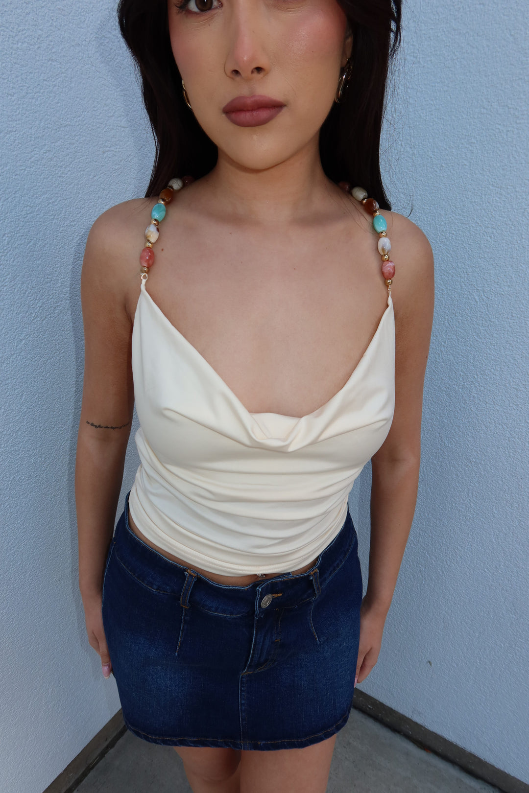 Gem Beaded Strap Cowl Neck Top