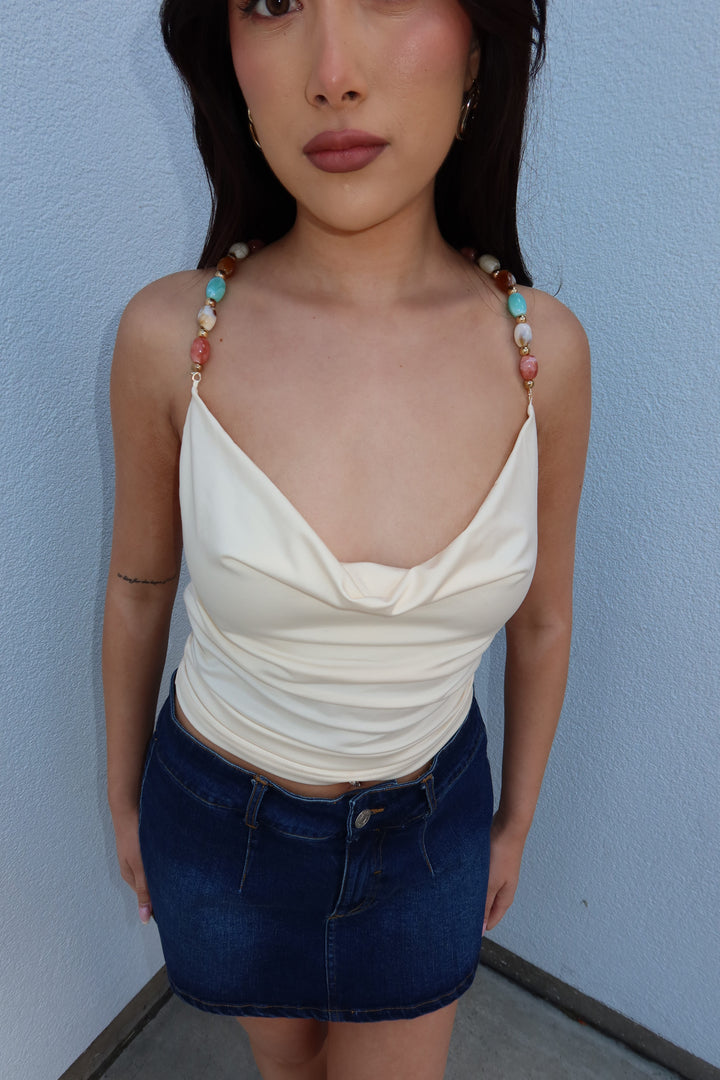 Gem Beaded Strap Cowl Neck Top