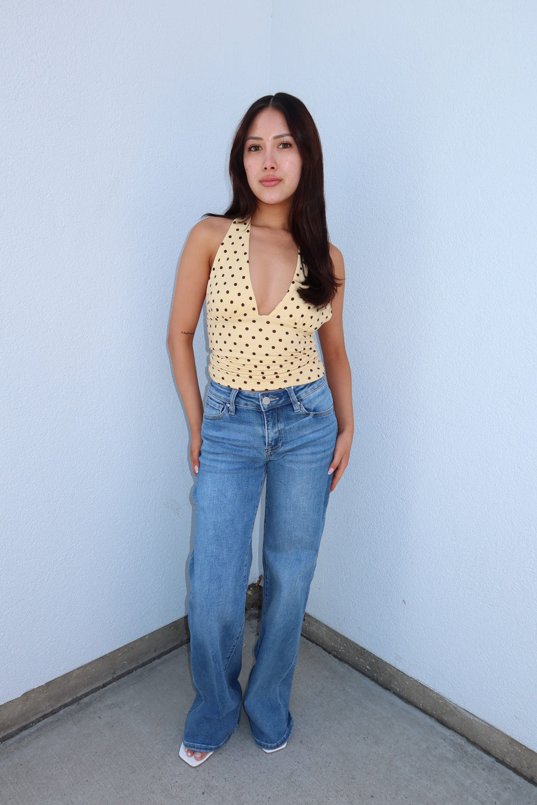 Polka Dot Deep-V Halter Crop Top