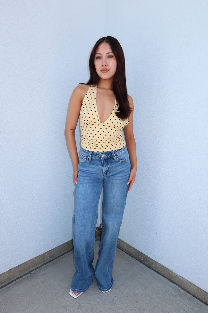 Polka Dot Deep-V Halter Crop Top