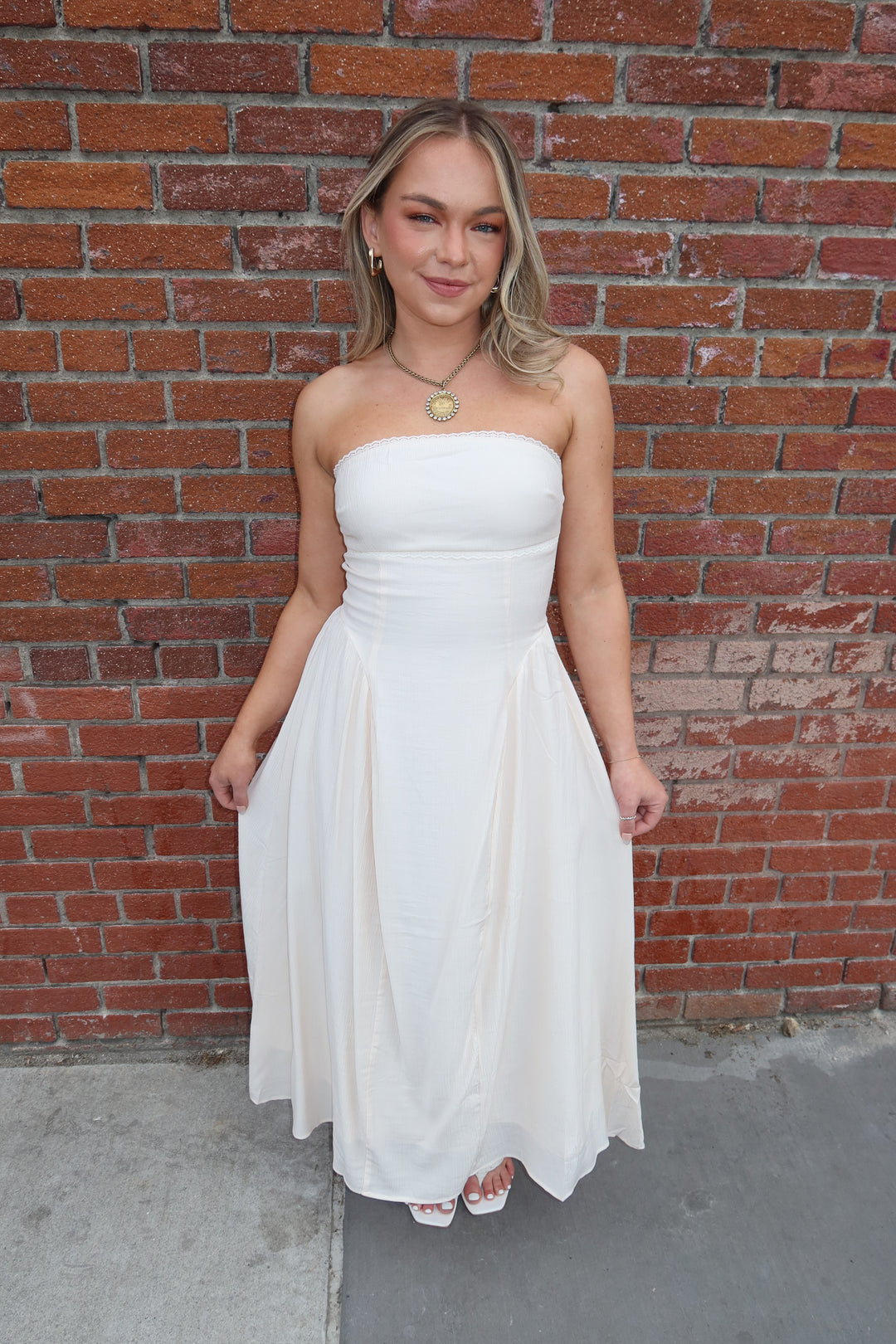 Cream Strapless Lace Trim A-Line Midi Dress