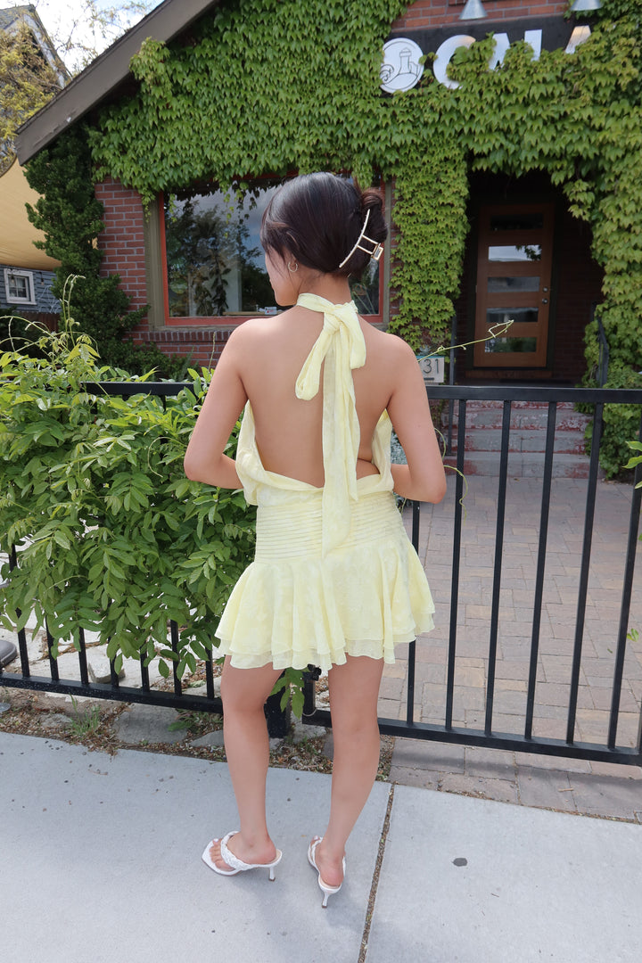 Lemon Floral Embossed Halter Open Back Mini Dress