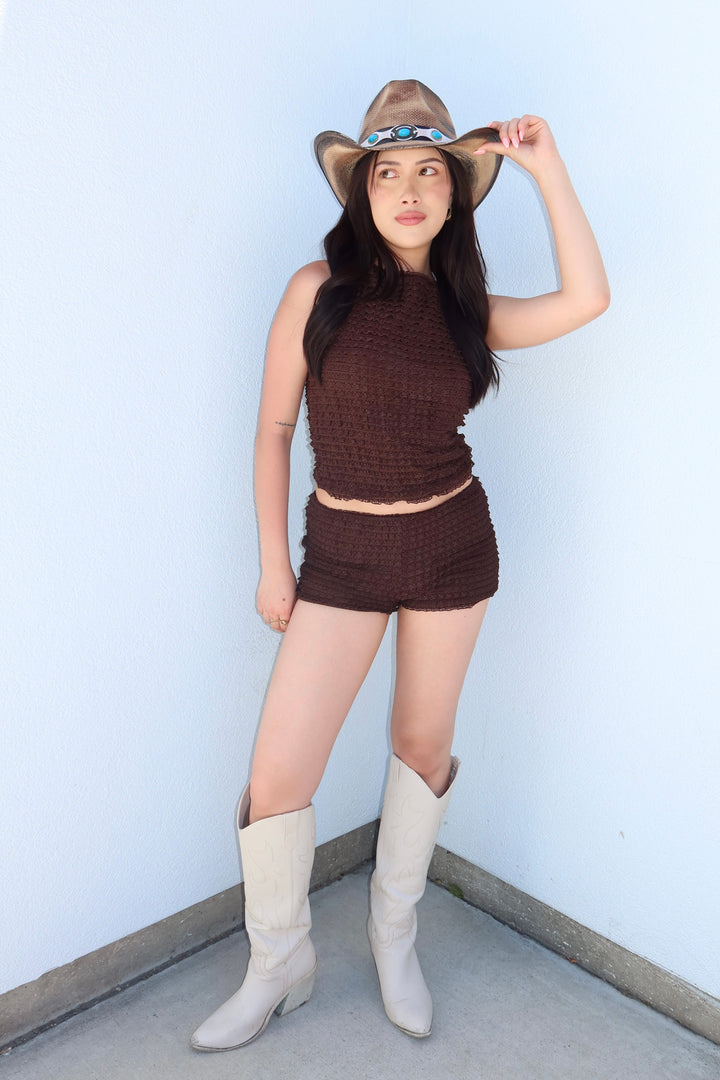 Lula Chocolate Brown Tiered Ruffle Lace Mock Neck Tank Top