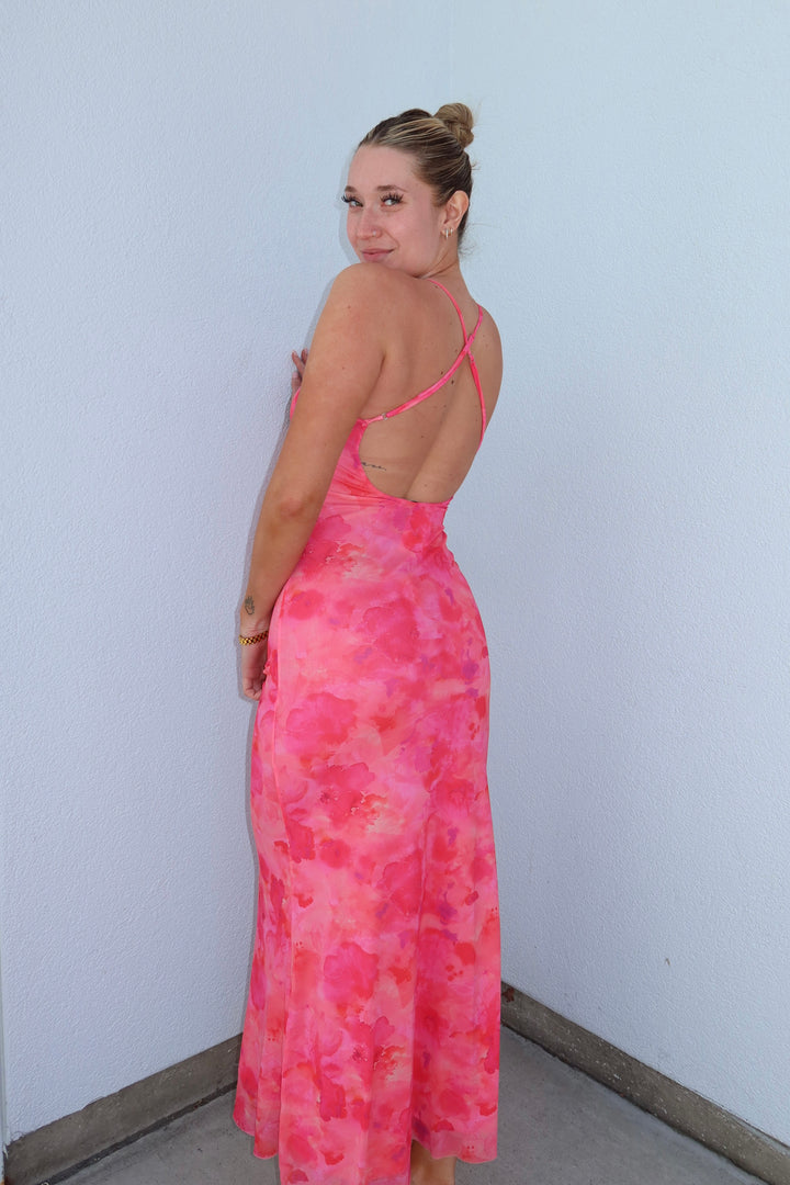 Coral Bloom Ruched Keyhole Mesh Maxi Dress
