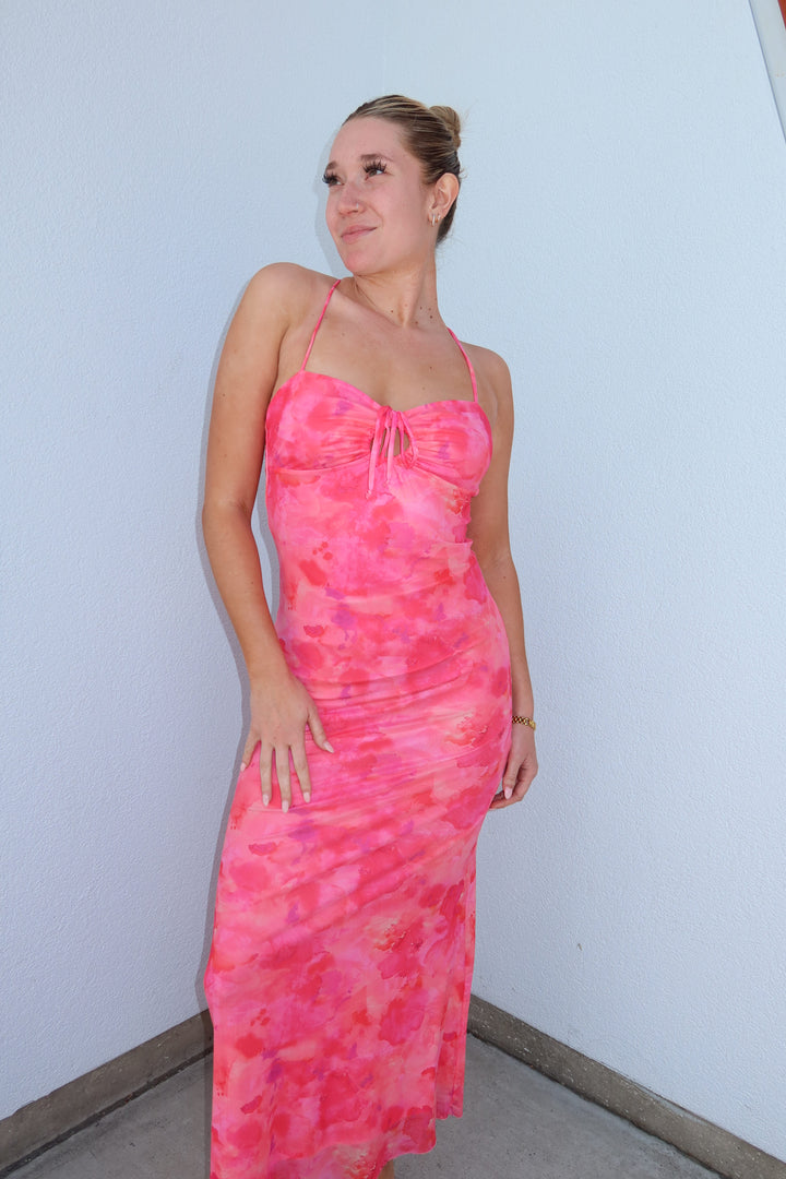 Coral Bloom Ruched Keyhole Mesh Maxi Dress