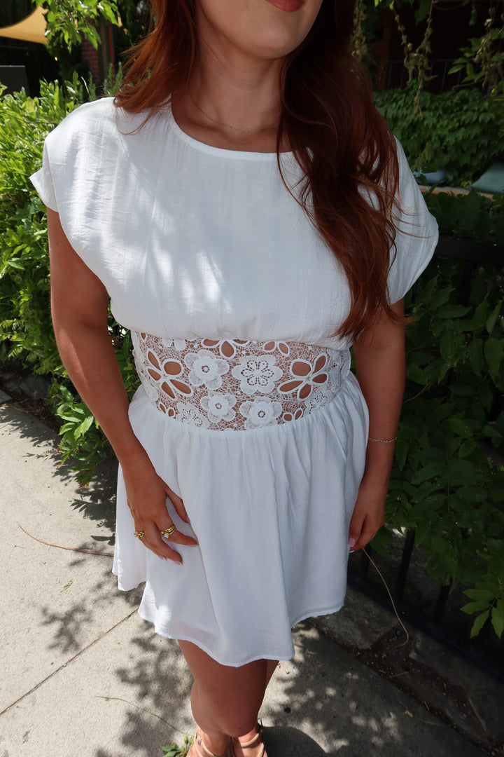 Santorini Eyelet Lace Waist Open Back Mini Dress