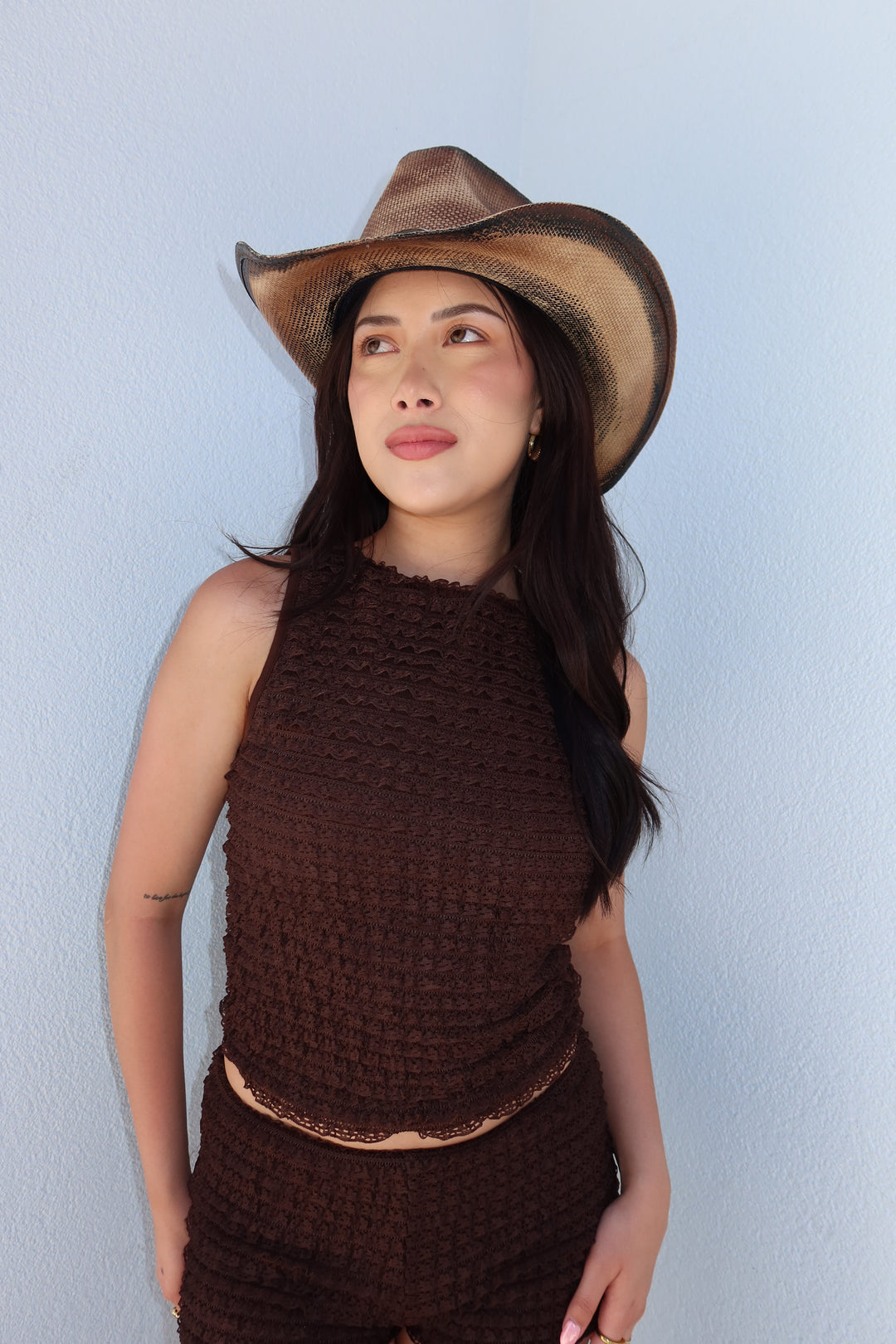 Lula Chocolate Brown Tiered Ruffle Lace Mock Neck Tank Top