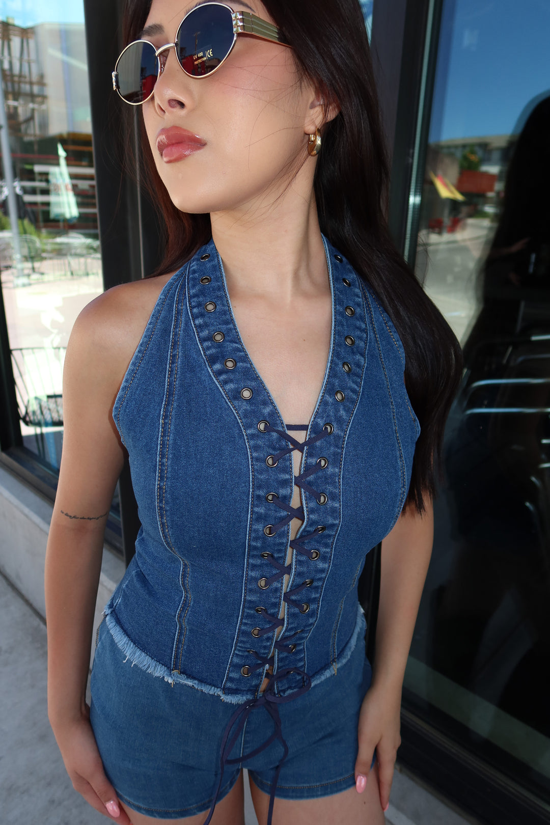 The Moto Lace-Up Denim Top