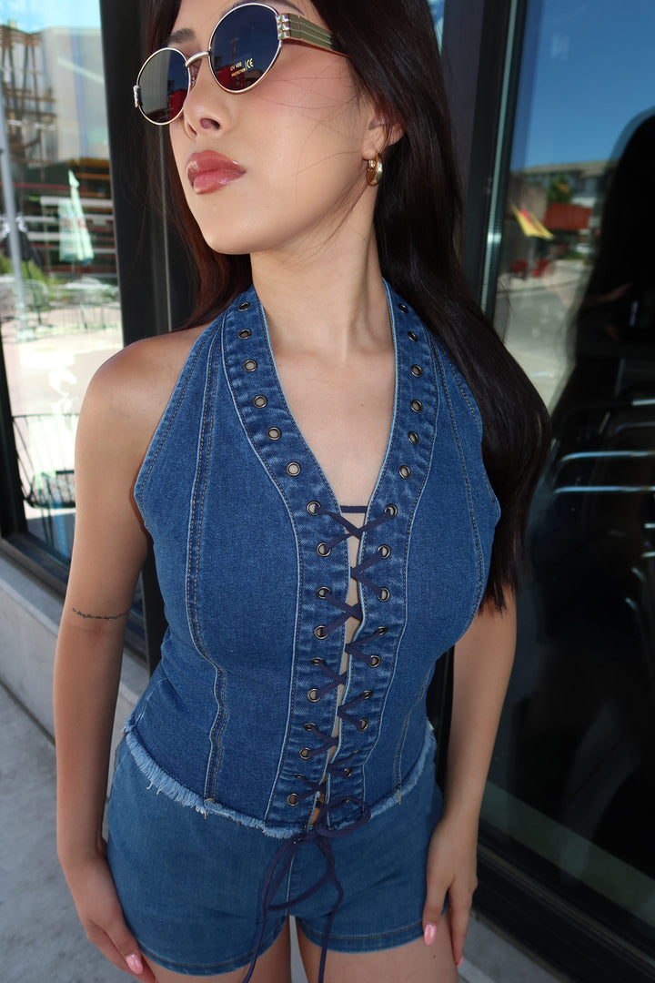 The Moto Lace-Up Denim Top