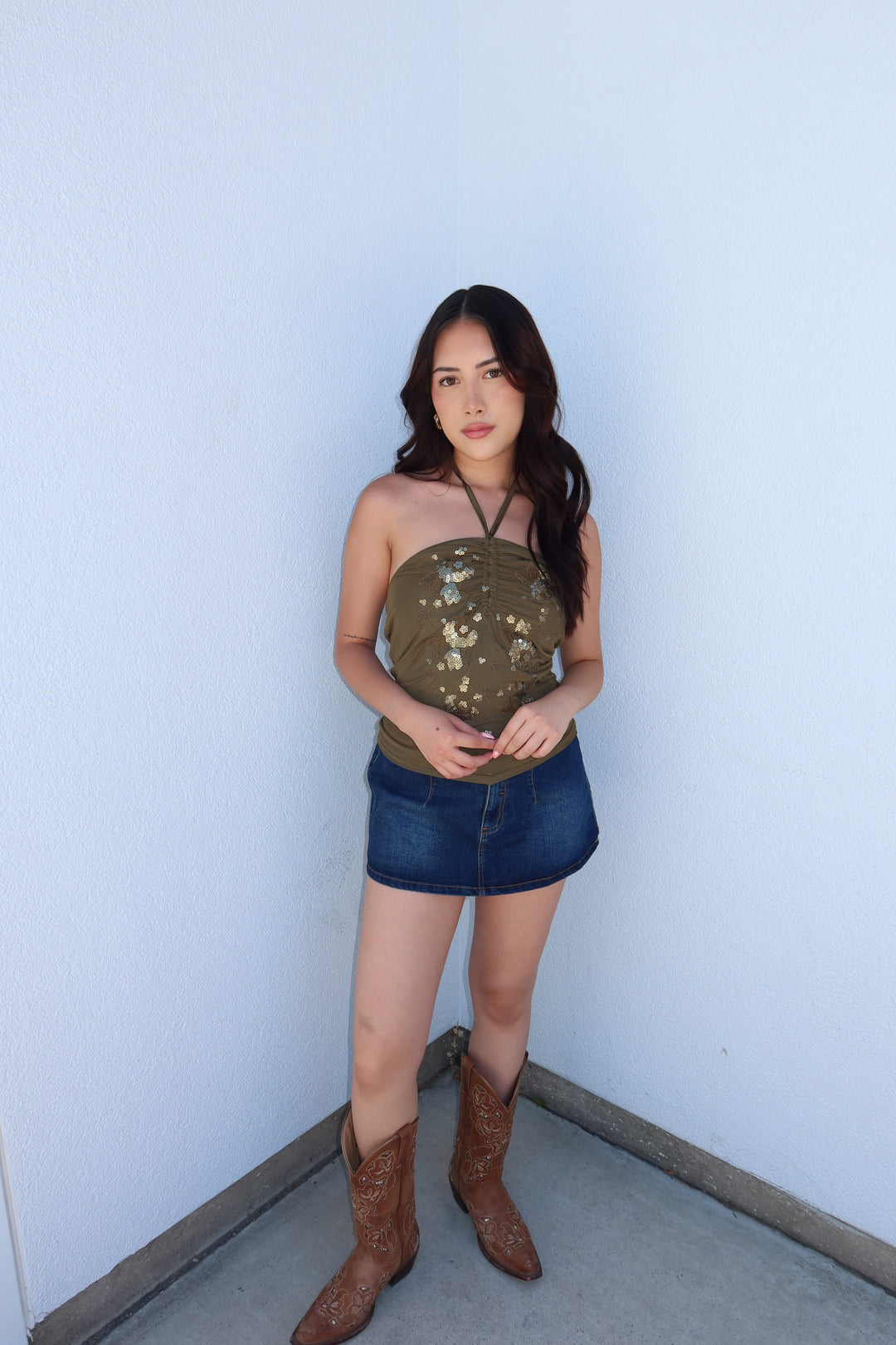 The Kezia Sequin Mesh Halter Top