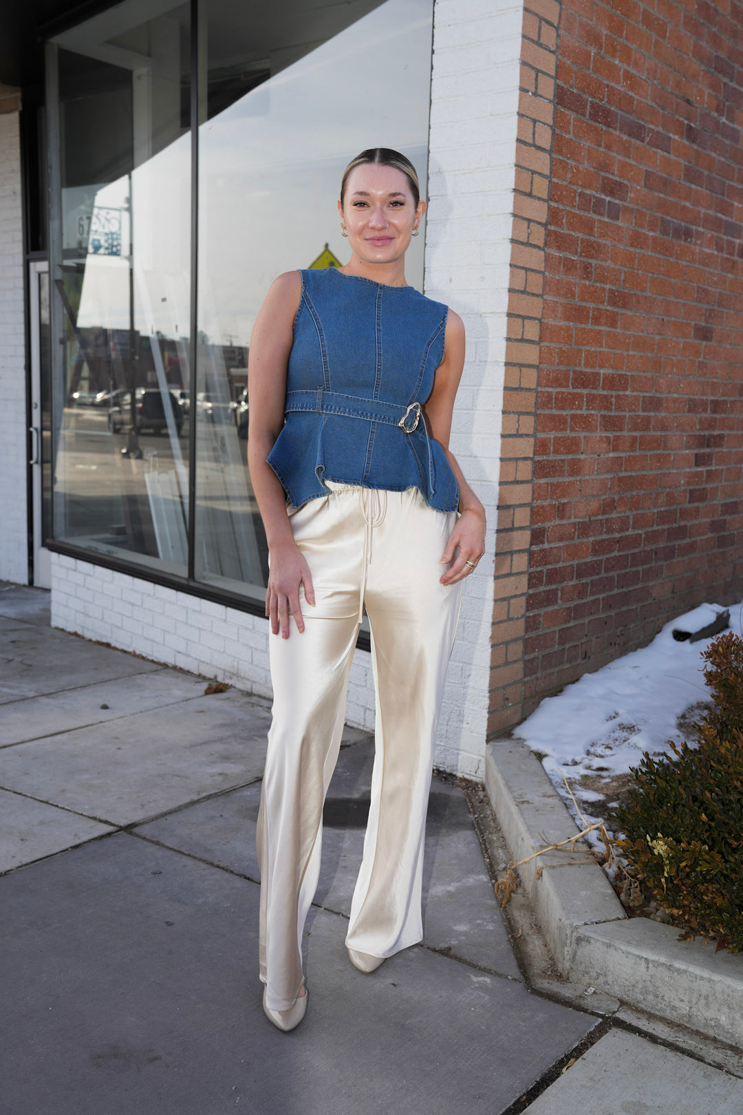 Luxe satin drawstring pants in cream with straight leg and adjustable waist